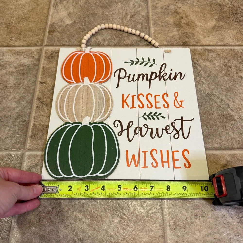 Pumpkin Kisses & Harvest Wishes Fall Wood Sign Beaded Hanger 10in Square